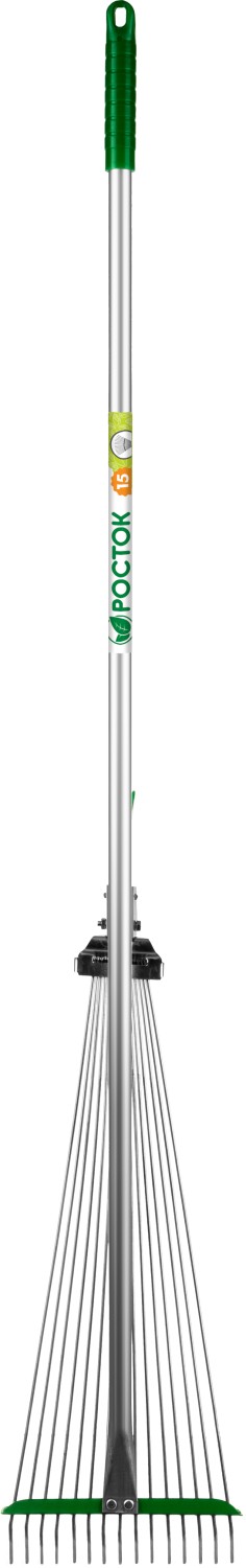 POCTOK РВ-15, 170-570 мм, длина 1180 мм, стальная рабочая часть, алюминиевый черенок, регулируемые веерные грабли (39640)