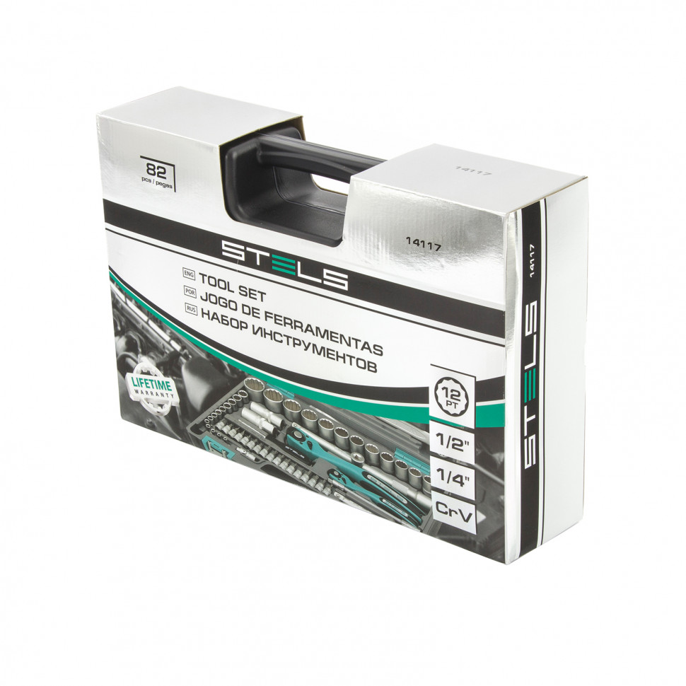 Набор инструментов, 1/2, 1/4, CrV, пластиковый кейс, 82 предмета, двенадцатигранные головки Stels (14117)