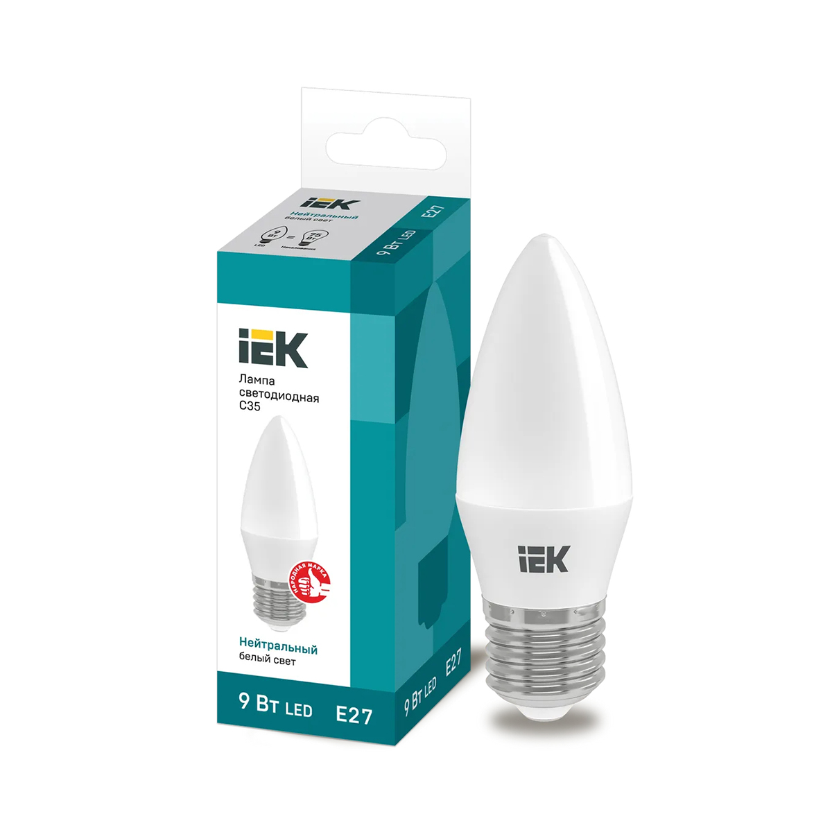 Лампа светодиодная (led) "iek" c35 свеча 09w 4000 к e27, нейтрал. свет (10/100)