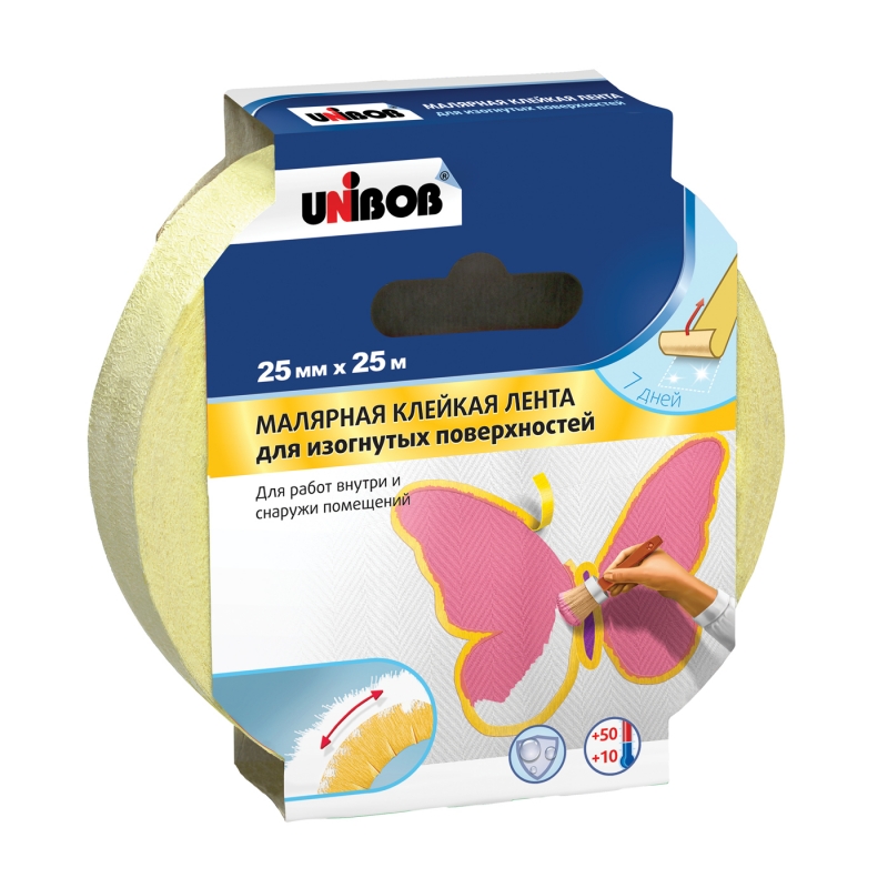 Скотч малярный профи 25 мм х 25 м для изогнутых поверхностей, желтый (36) "unibob"