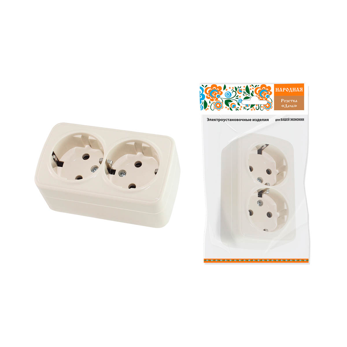 Розетка двойная с заземл. откр. уст. 16а 250в ip20 "дача", слон. кость (1/8/80) народная sq1824-0023
