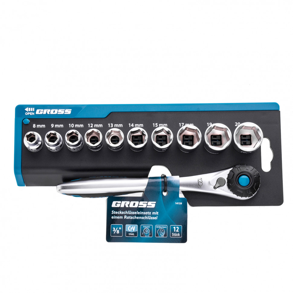 Набор торцевых головок, трещотка 120 зубьев, 12 предметов, 3/8", CrV Gross (14139)