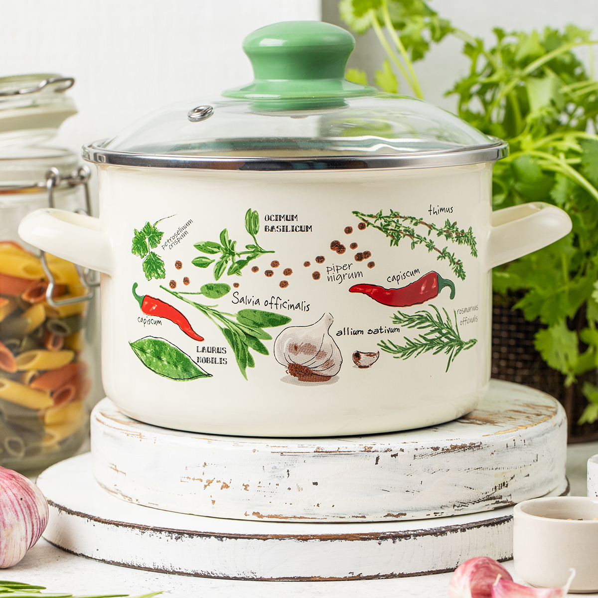 Кастрюля эмалиров. "специи" 5 л, 22 см стекл. крышка (1/4) "metrot"