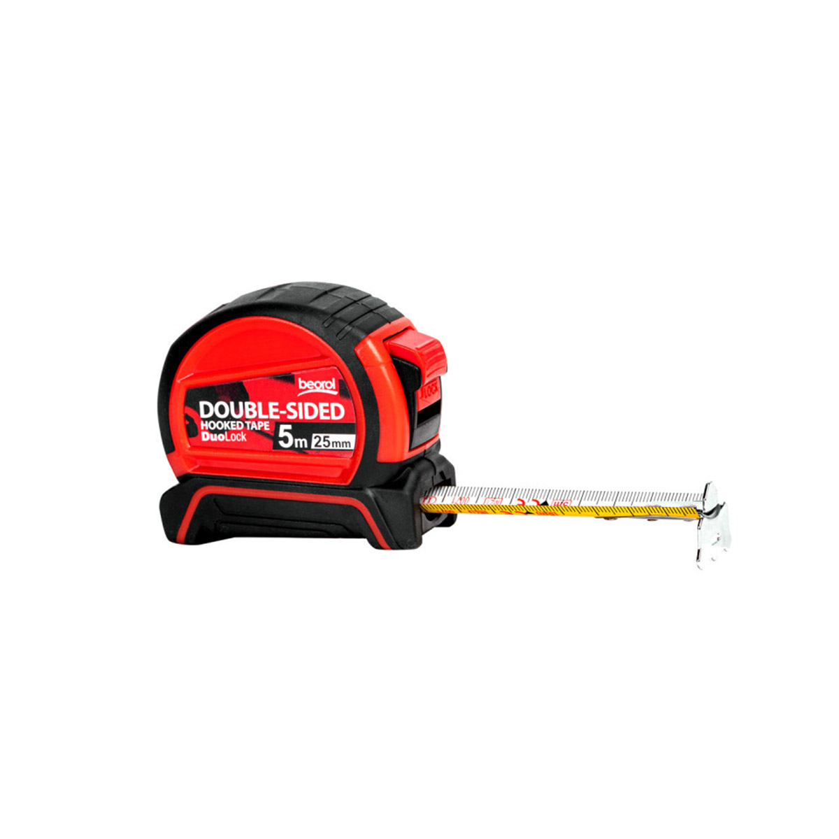 Рулетка с автостопом двухсторонняя шкала 5 м/25 мм обрезин. корпус (1/12/48) "beorol"