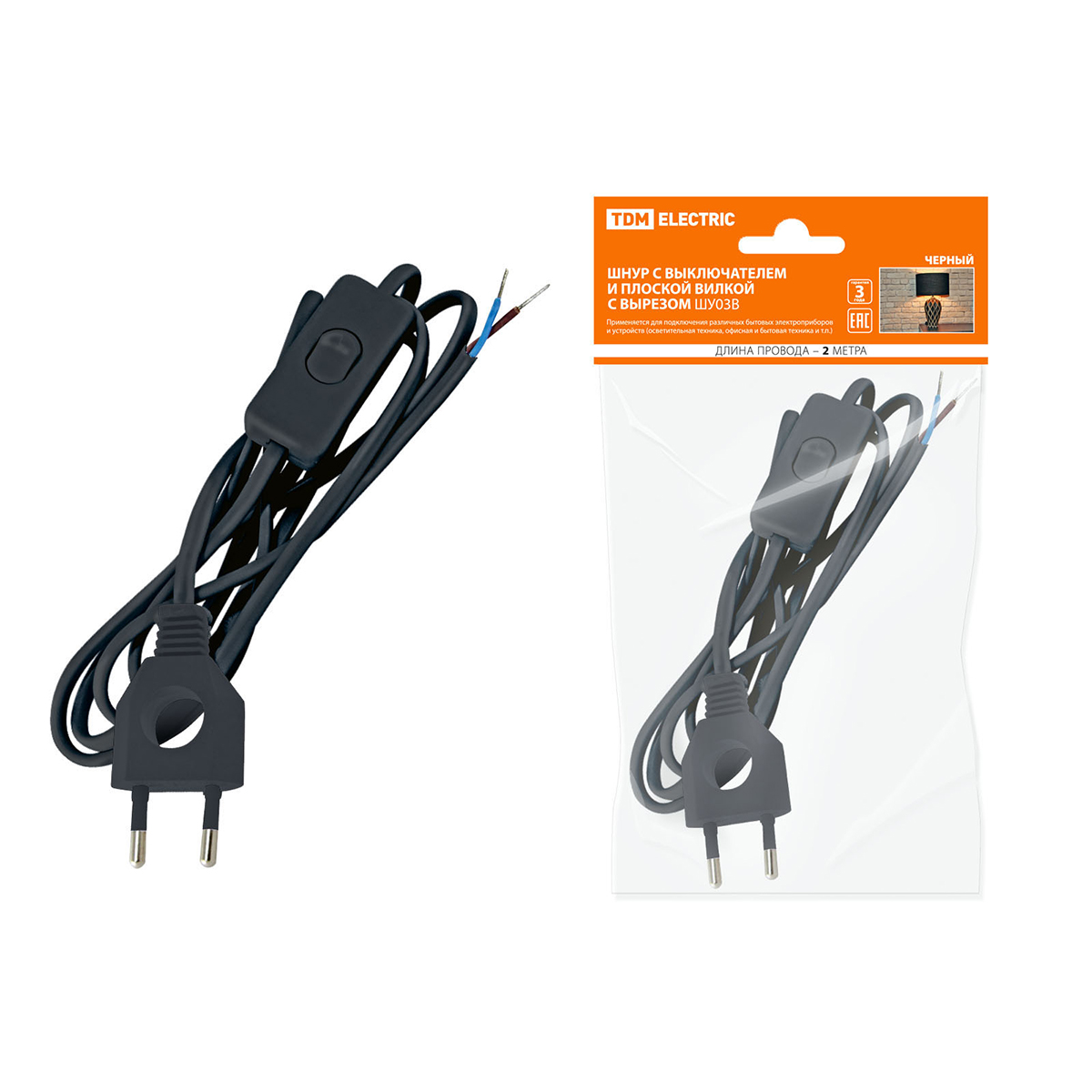 Шнур шу03в шввп 2 х 0,75 мм² 2 м, выключ., плоск. вилка с вырезом, черный (1/80) tdm sq1305-0022
