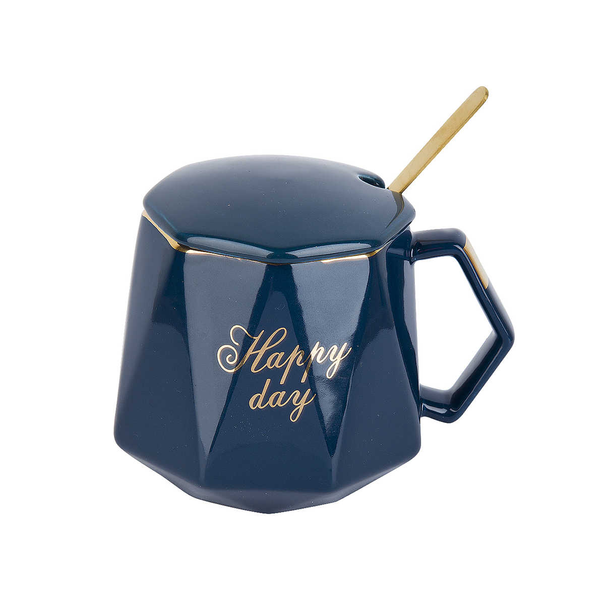 Кружка с крышкой и ложкой "happy day" 420 мл, фарфор (синяя) (1/24) "nouvelle home" 1060061-3