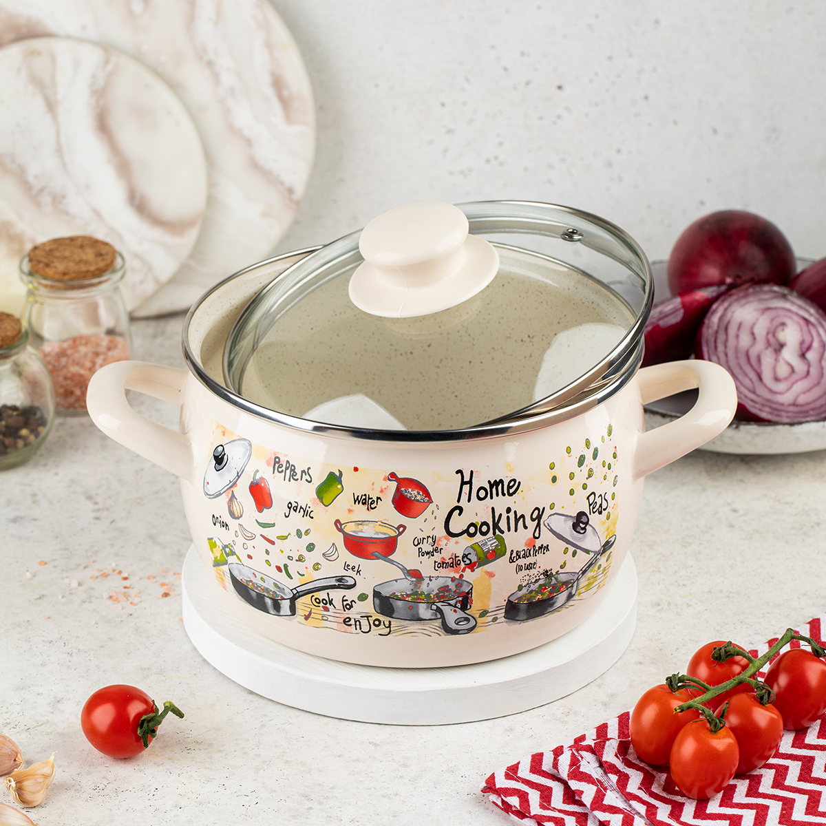 Кастрюля эмалиров. "гурман" 5,7 л, 22 см стекл. крышка (1/4) "metrot"