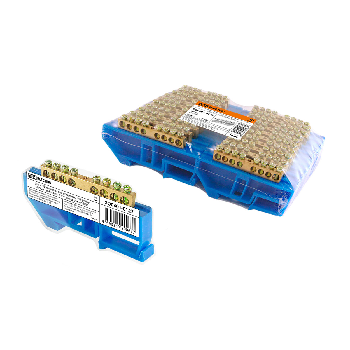 Шина "n" нулевая с изолятором на din-рейку 6 x 9 мм стойка бол. 8 групп (10/360) tdm sq0801-0127