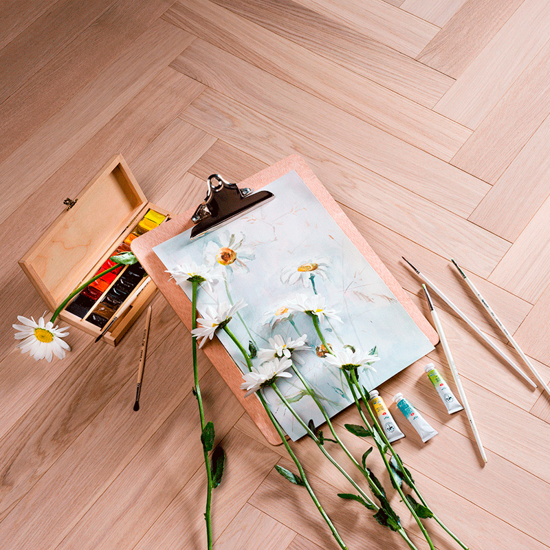 Coswick Английская ёлка 3-х слойная T&G шип-паз (90°) 1122-1542 Акварельный белый (Порода: Дуб)