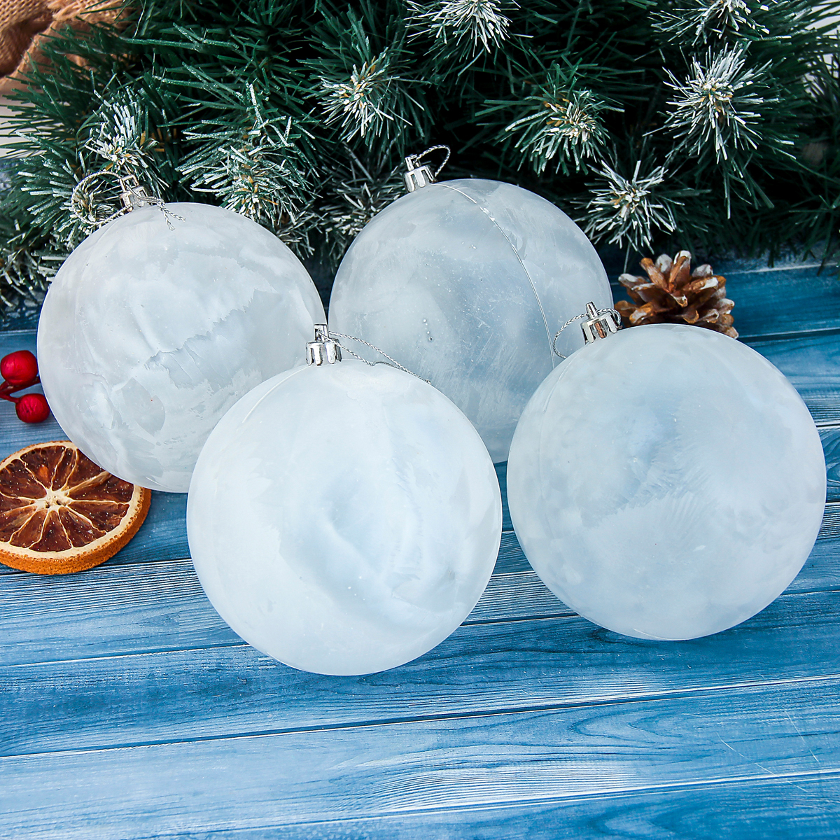 Шары новогодние d-10 см (набор 4 шт.) "туман" белый "зимнее волшебство" 1307148