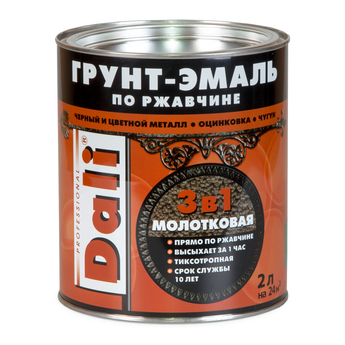 Грунт- эмаль по ржавчине "dali" 3 в 1 молотковая золотистая  2 л (3) "рогнеда"