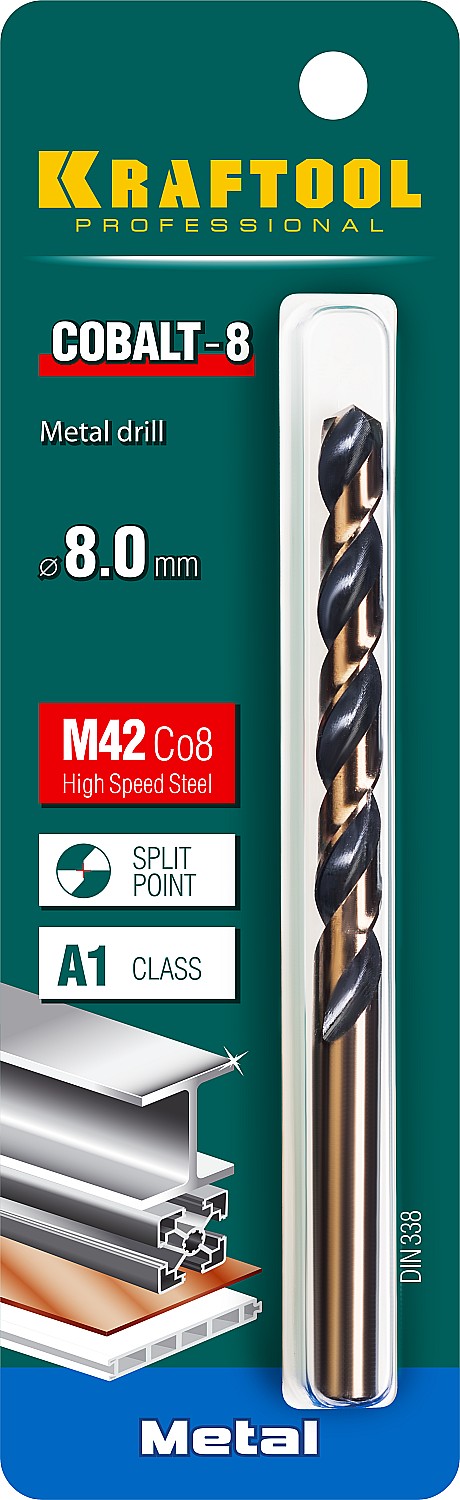 KRAFTOOL Cobalt, 8.0 х 117 мм, сталь М42, HSS-Co(8%), сверло по металлу (29656-8)