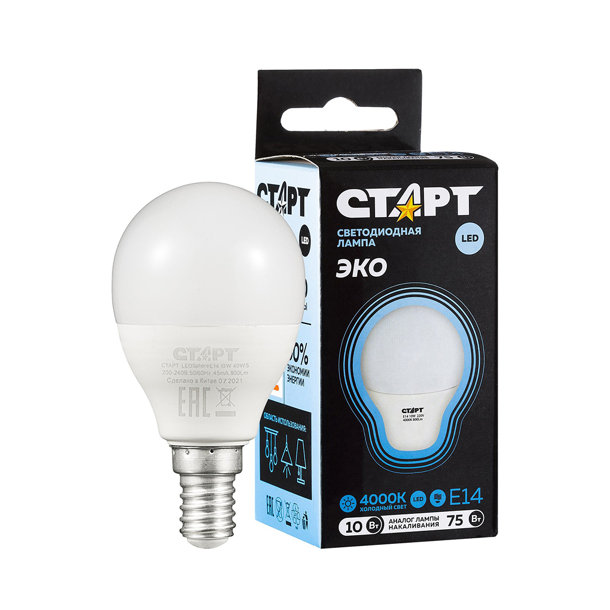 Лампа светодиодная "старт эко" шарик 10w 4000 к  e14, хол. свет (10/100)