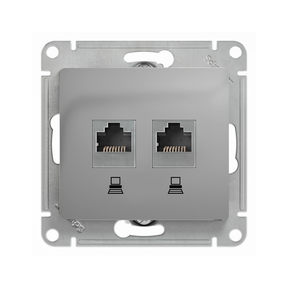 Розетка компьютерная "glossa" 2-х местн. rj45+rj45 (механизм) алюминий (1/10/160) "schneider"