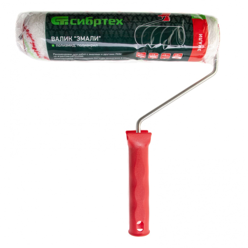 Валик "Эмали" , 250 мм, ворс 12 мм, D - 48 мм, D ручки - 6 мм, полиамид, полиакрил Сибртех (80197)