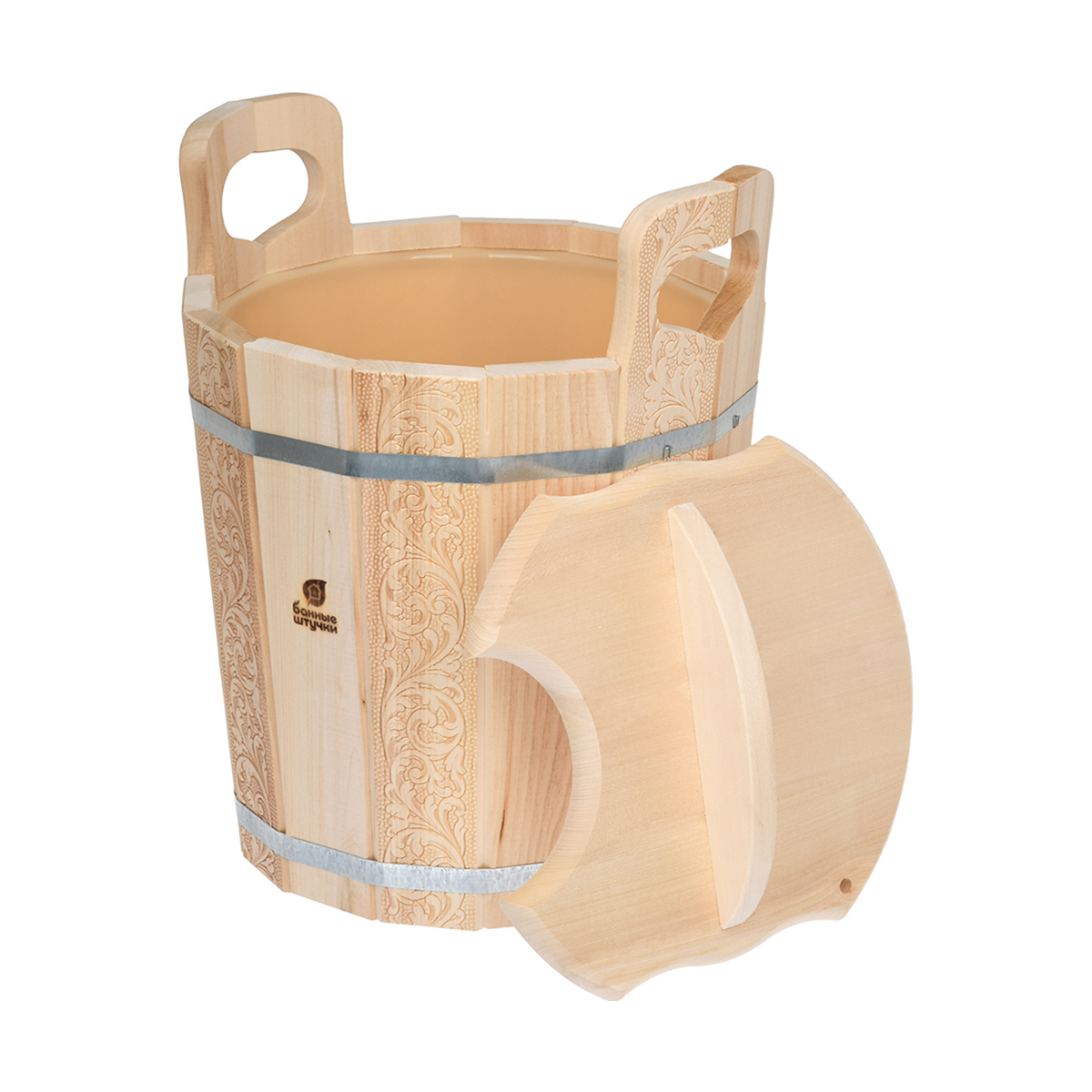 Запарник для бани и сауны "цветочный орнамент" 14 л с крышкой, пластик. вставка, липа (1) 32695