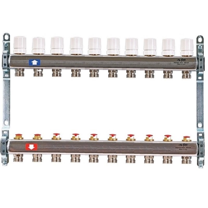 Колл. группа на 10 выходов UNI-FITT 1"x3/4" ЕК с рег. и термостатическими вентилями - нерж. сталь