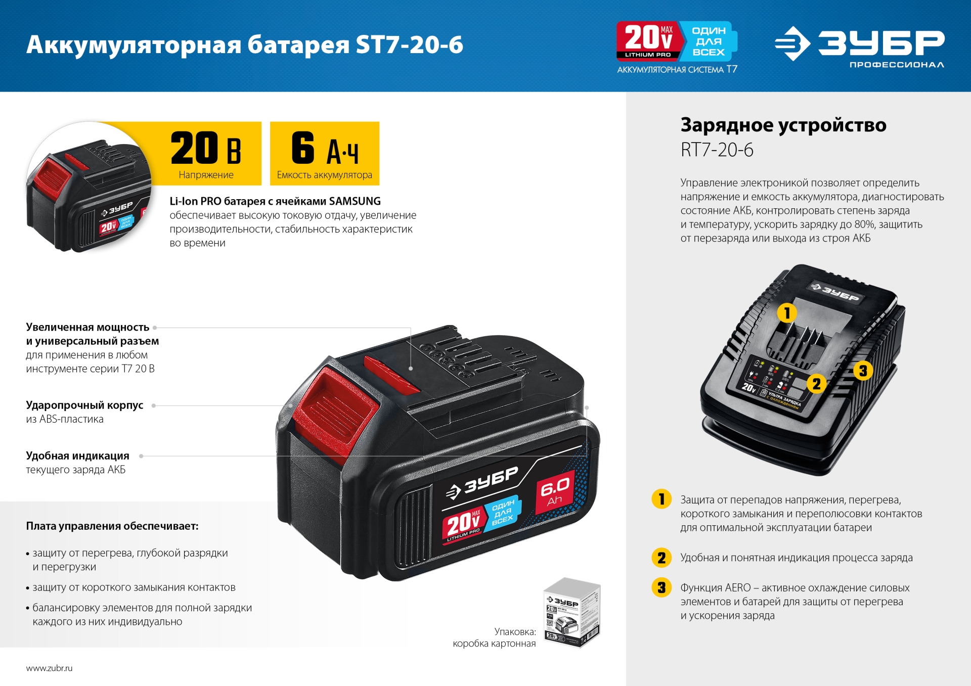 ЗУБР T7, 20 В, 6.0 А·ч, аккумуляторная батарея, Профессионал (ST7-20-6)