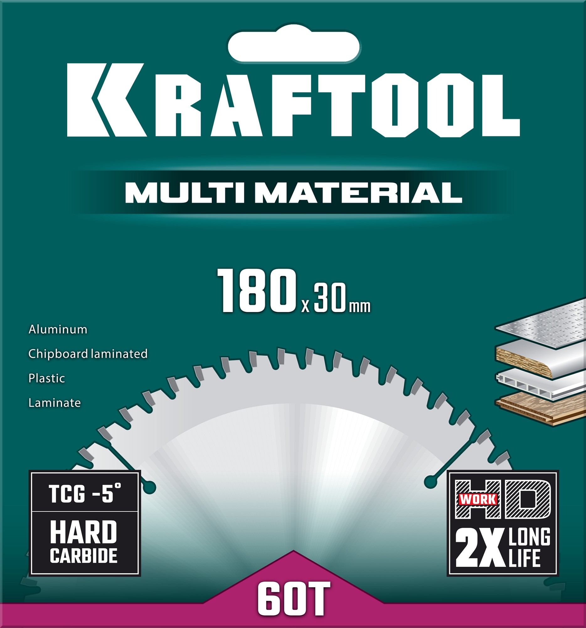 KRAFTOOL Multi Material, 180 х 30 мм, 60Т, пильный диск по алюминию (36953-180-30)
