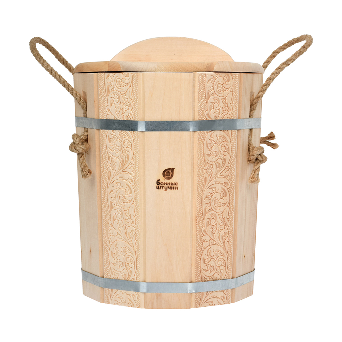Запарник для бани и сауны "цветочный орнамент" 10 л с крышкой, липа (1) "банные штучки" 32694