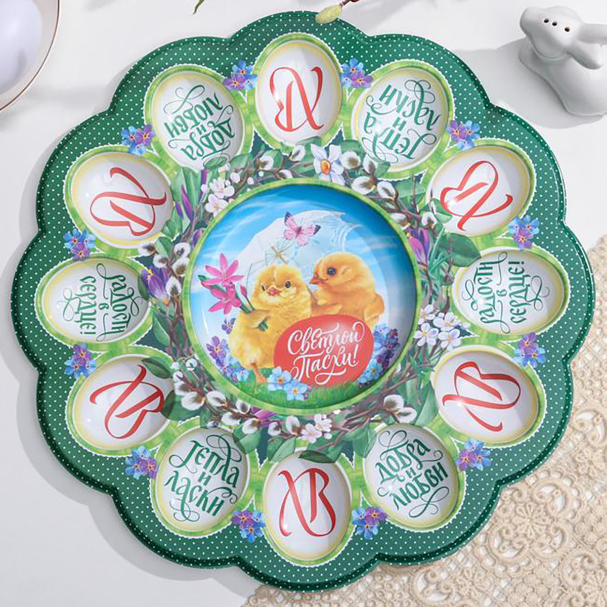 Блюдо для кулича и 12 яиц "светлой пасхи" цыплята, пласт. 30*30 см (1) 5244496