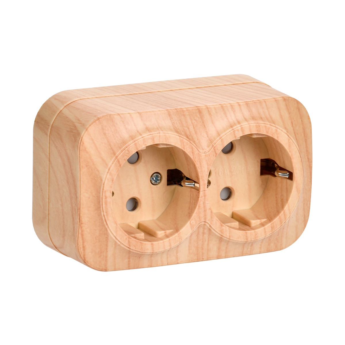 Розетка открыт. уст. "glory" 2-х местн. с заземл, с шторк. рсш22-3-хс, 16а, сосна (1/18/216) "iek"