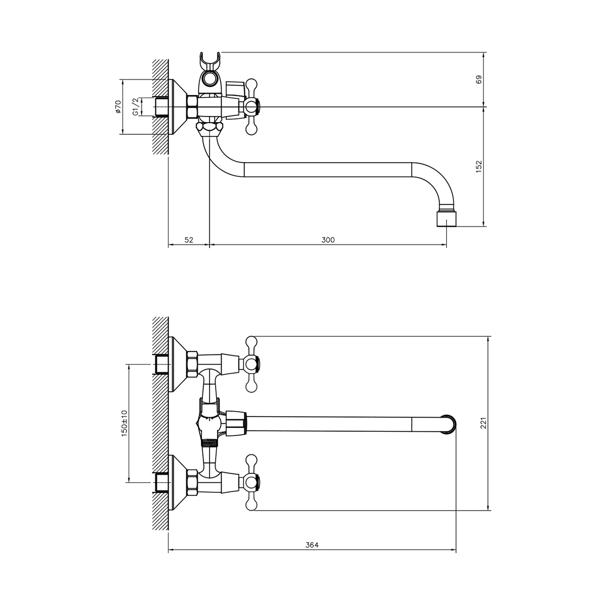 Смеситель для ванн dr54045 двухвентильный, поворотн. излив 300 мм (1/12) "decoroom"