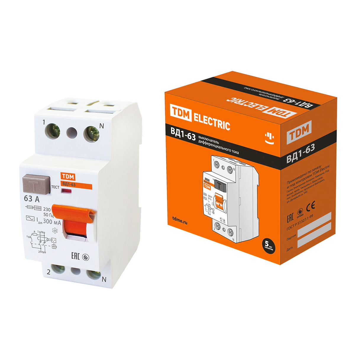 Устройство защитного отключения узо вд1-63 2р 63а 300ма (1/6/60) tdm sq0203-0018
