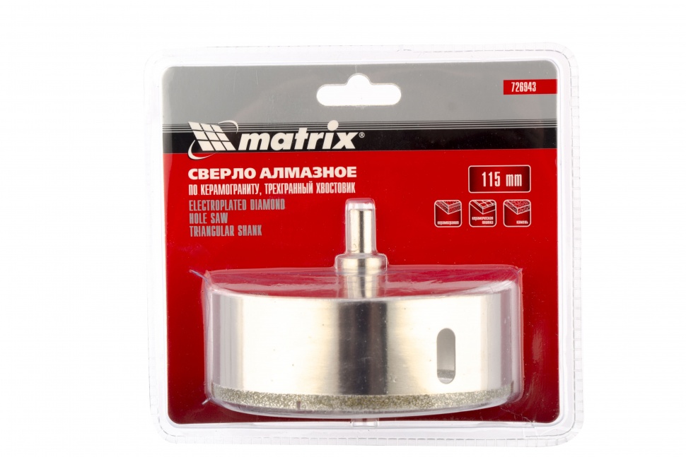 Сверло алмазное по керамограниту, 115 х 67 мм, трехгранный хвостовик Matrix (726943)