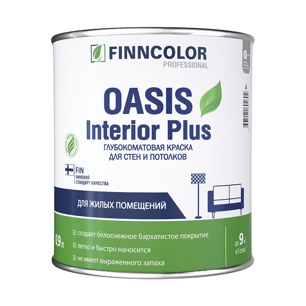 Краска "oasis interior plus"  0,9 л (1/6) для стен и потолков "тиккурила"