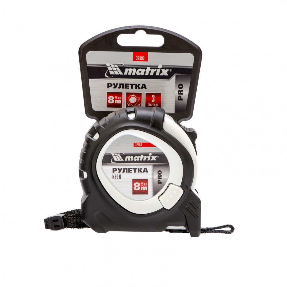 Рулетка Neon, 8 м x 25 мм, обрезиненный корпус, 3 фиксации, Pro Matrix (32593)