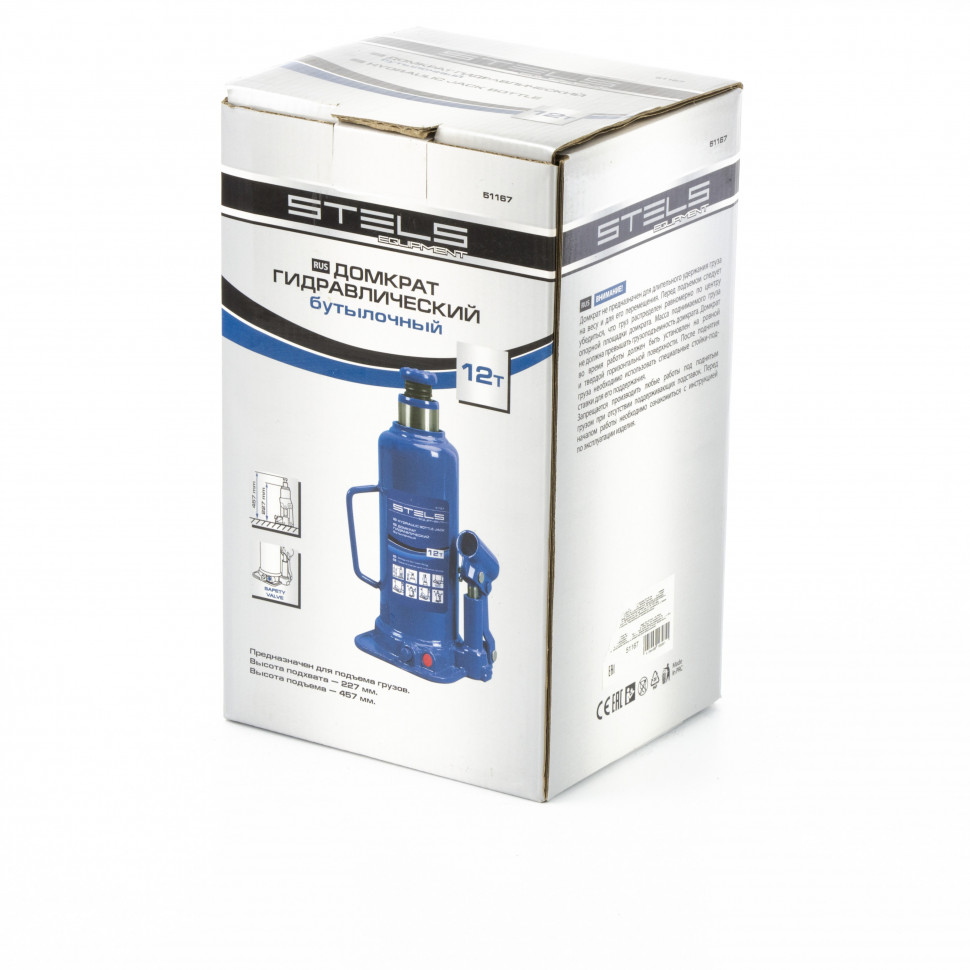 Домкрат гидравлический бутылочный, 12 т, h подъема 227-457 мм Stels (51167)