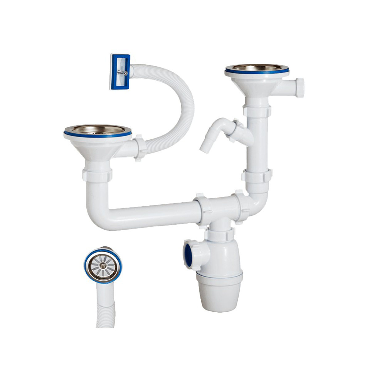 Сифон для 2-й мойки 3 1/2" х 40 мм с отводом и переливом, разноуровневый (1/15) "orio" к-40093