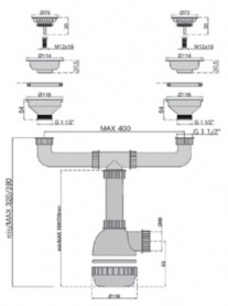 Сифон "Obri" для сдвоенной мойки и нерж. решетками 1"1/2х40мм D=115мм M0476 MIANO