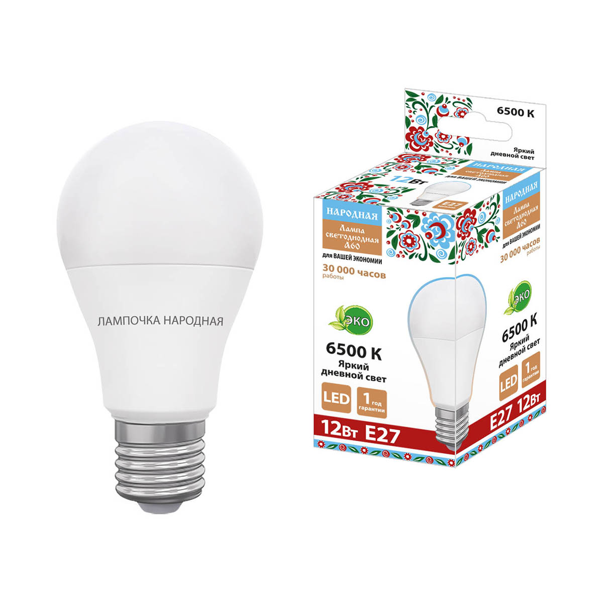 Лампа светодиодная a60 груша 12w 6500 к е27 дневной свет(60 х 108 мм) (10/100) народная sq0340-1631