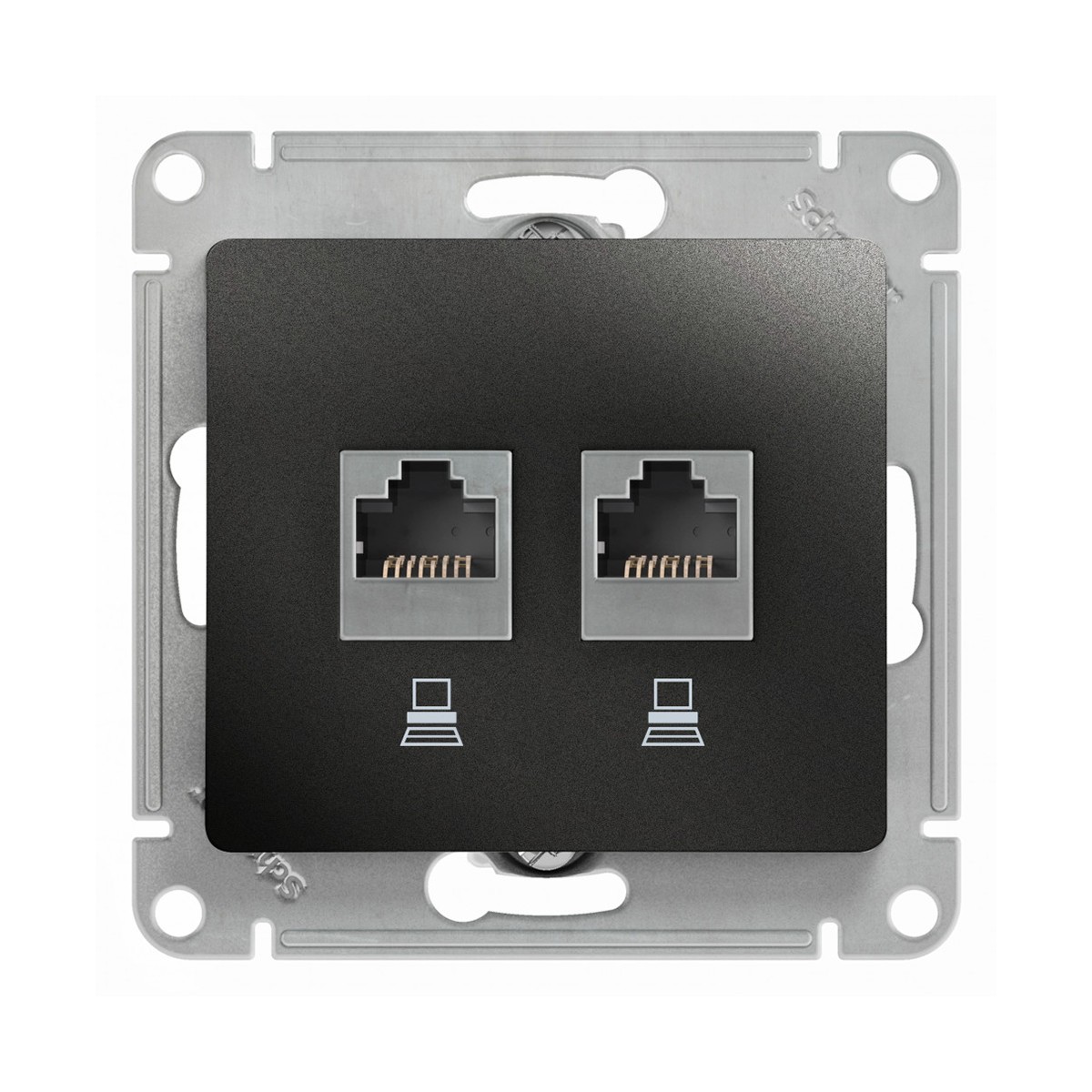 Розетка компьютерная "glossa" 2-х местн. rj45+rj45 (механизм) антрацит (1/10/160) "schneider"