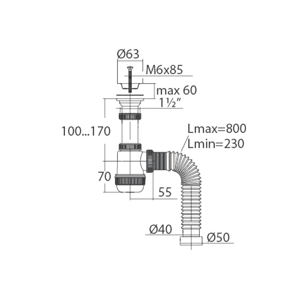 Сифон Мини Элит 1 1/2 х 40 мм с литым выпуском, нержавеющая чашка D63 мм, гофротруба L800 мм WIRQUIN