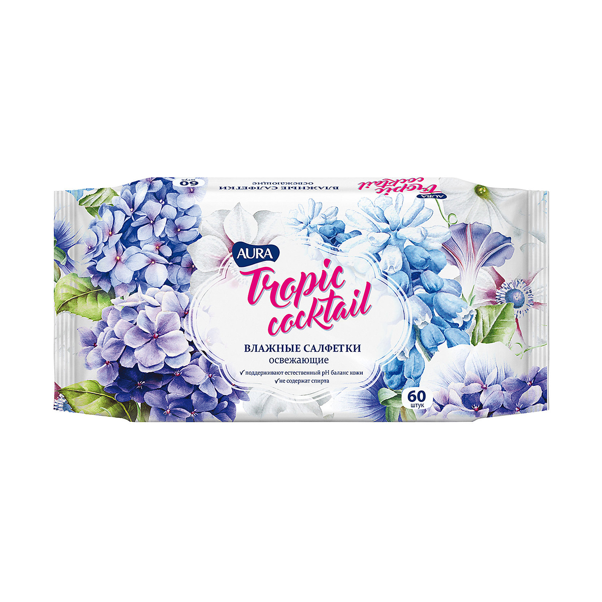 Салфетки влажные освежающие "aura" tropic cocktail упак. 60 шт. (24)