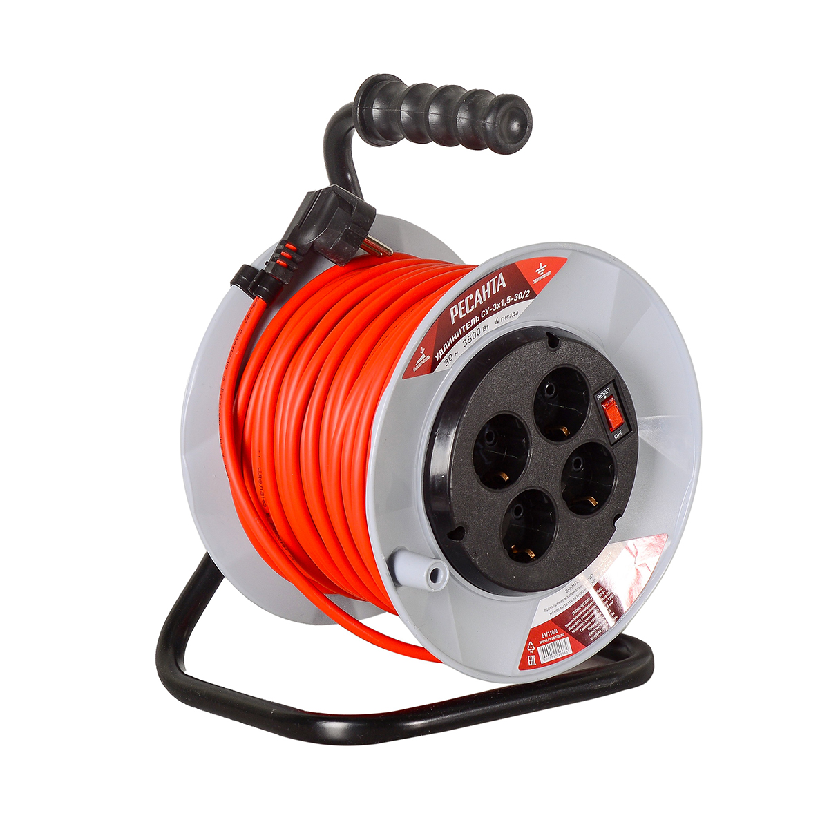 Удлинитель на катушке су-3х1,5-30/2 4 розетки, 30 м 3*1,5 мм(1) "ресанта"