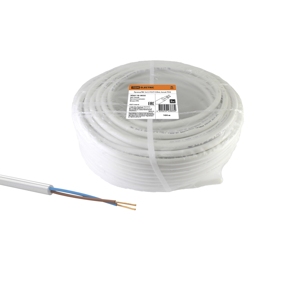 Провод пвс 2 х 1,5 мм² гост (бухта 100 м) белый (1) tdm sq0118-0035