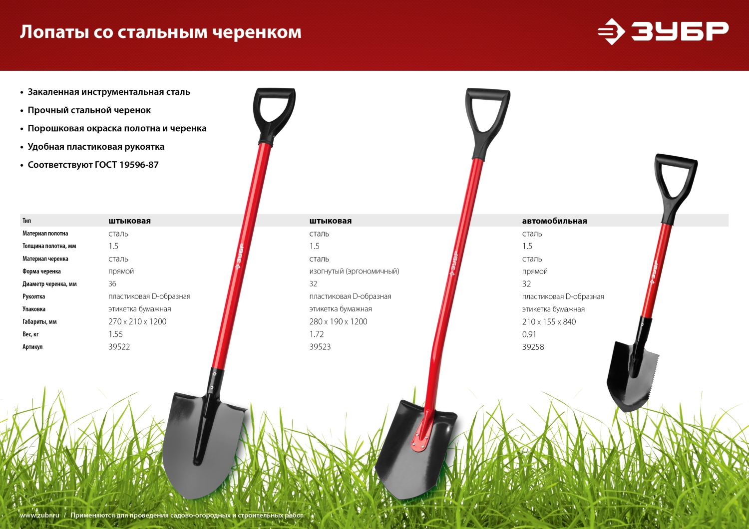 ЗУБР МАСТЕР, 270 х 210 х 1200 мм, полотно 1.5 мм, закалено, стальной прямой черенок с рукояткой, тип ЛКО, штыковая лопата (39522)