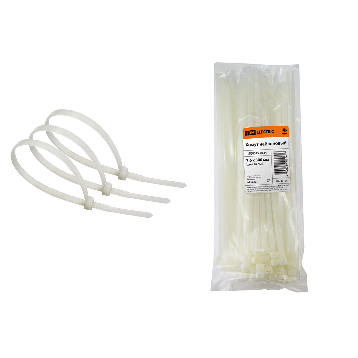 Хомуты нейлон 7,6 х 300 мм (набор 100 шт.), белые (1/5/30) tdm sq0515-0134