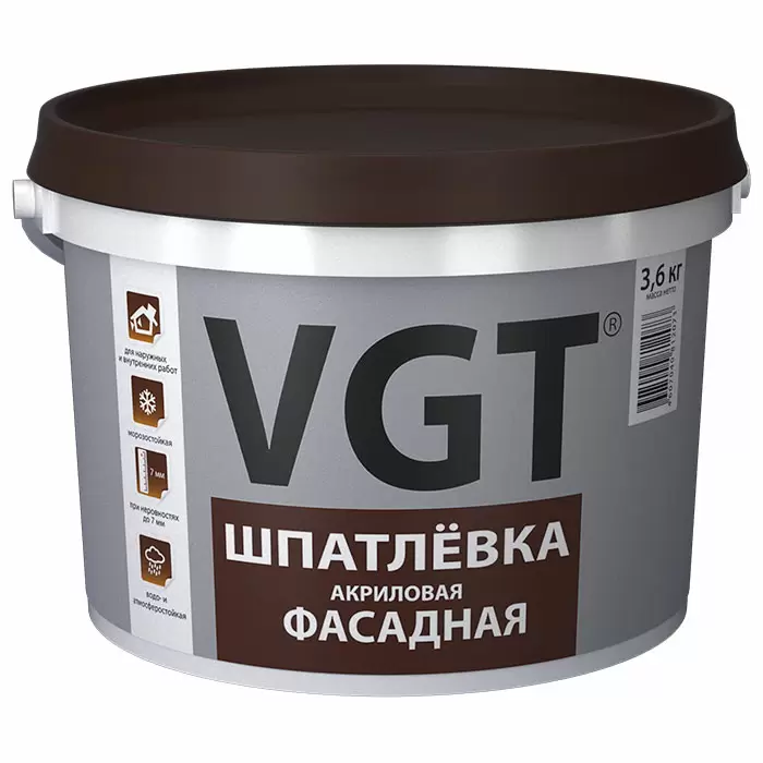 VGT ШПАТЛЕВКА ФАСАДНАЯ акриловая, водостойкая, малоусадочная (3,6кг)