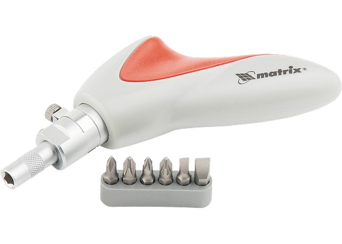 Отвертка реверсивная, пистолетного типа, силовой элемент под ключ, набор бит, CrV, 6 шт Matrix (11550)