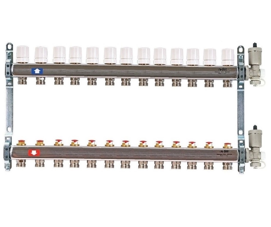 Колл. группа 1"x3/4" ЕК 13 выходов UNI-FITT с вентилями и воздухоотводчиками - нерж.сталь