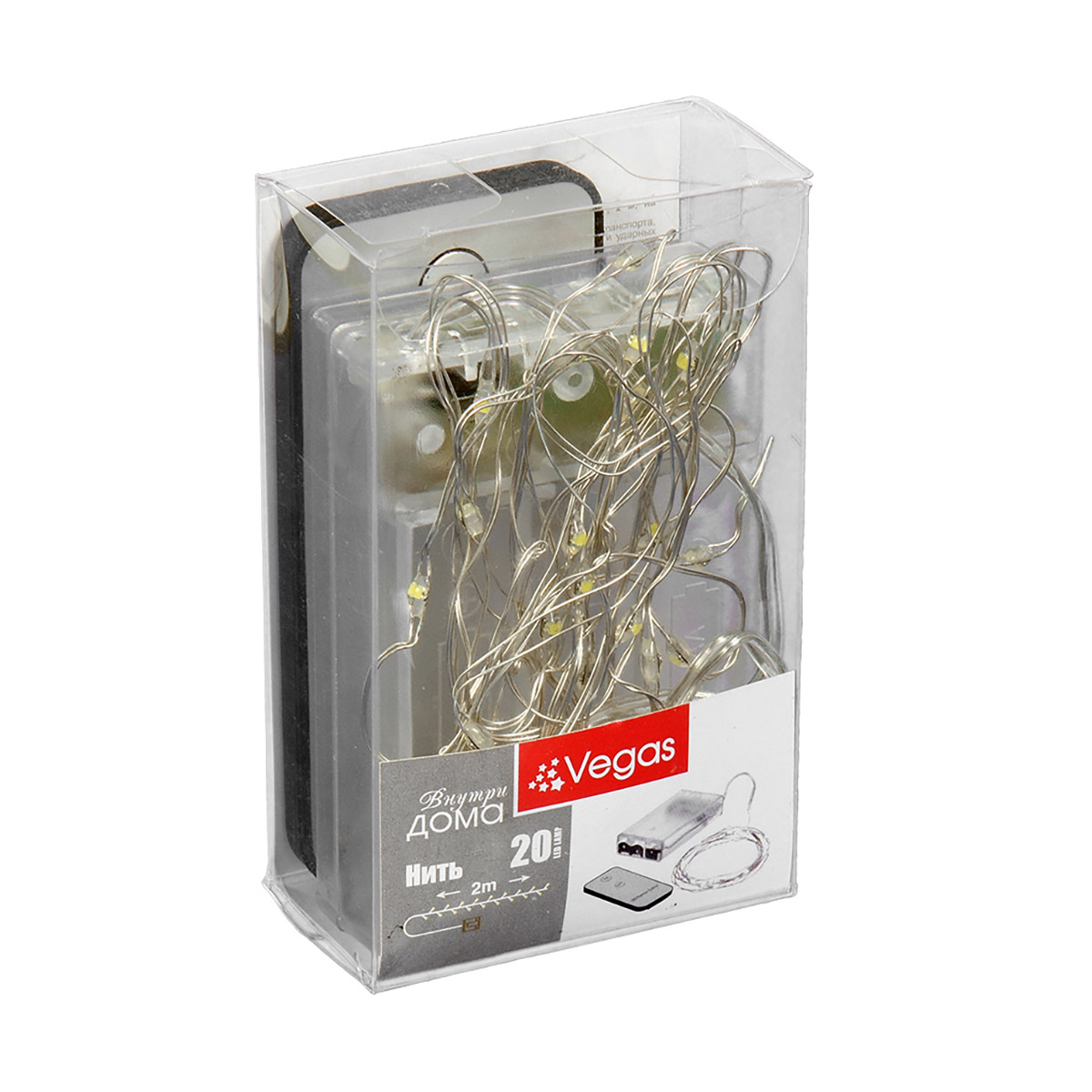 Электрогирлянда "нить" 2 м, 20 холодных ламп, на батарейках, с пультом (1/50) "vegas"