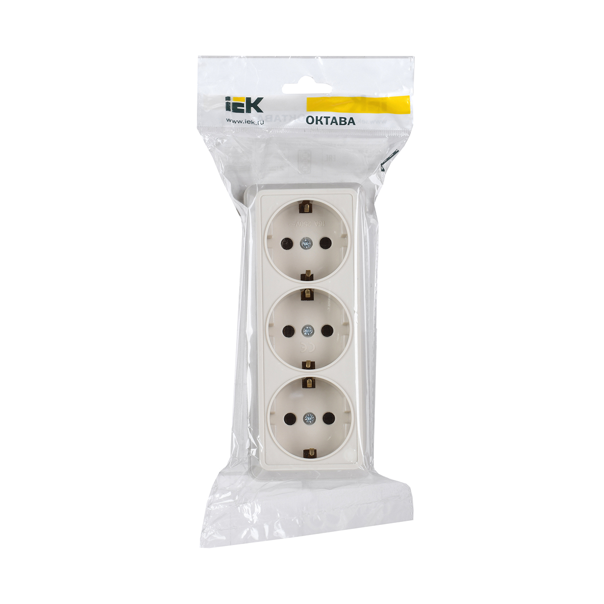Розетка открыт. уст. "октава" 3-х местн. с заземл. рс23-3-ок, 16а, кремовый (1/20/240) "iek"