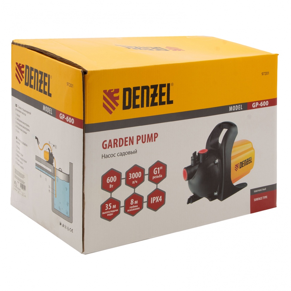 Садовый поверхностный насос GP 600, 600 Вт, 3000 л/ч, подъем 35 м, пластик Denzel (97201)