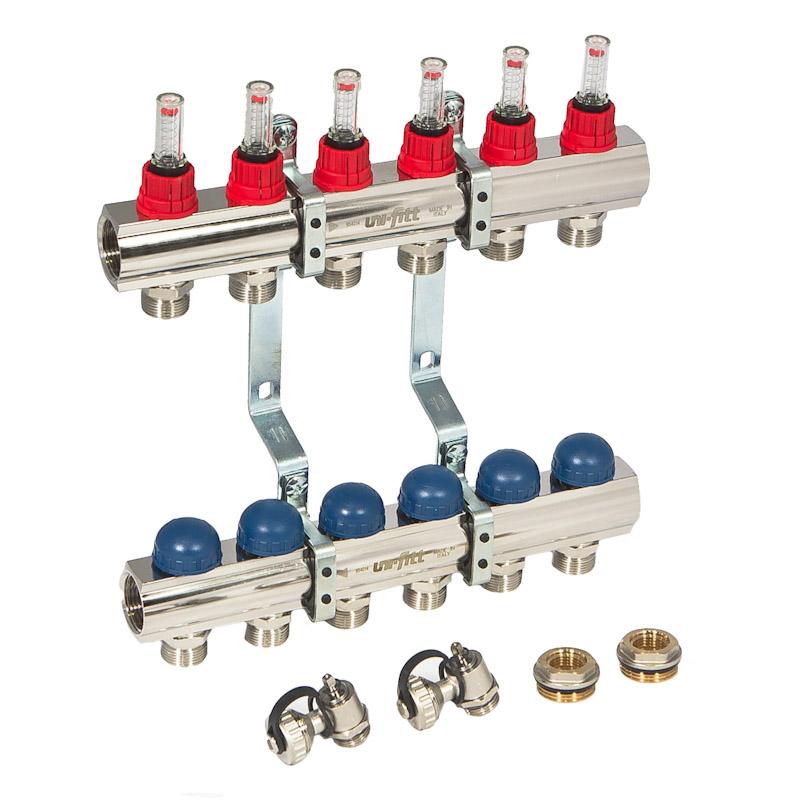 Коллекторная группа UNI-FITT 1'х3/4" ЕК 6 выходов с расходомерами и дренажными клапанами