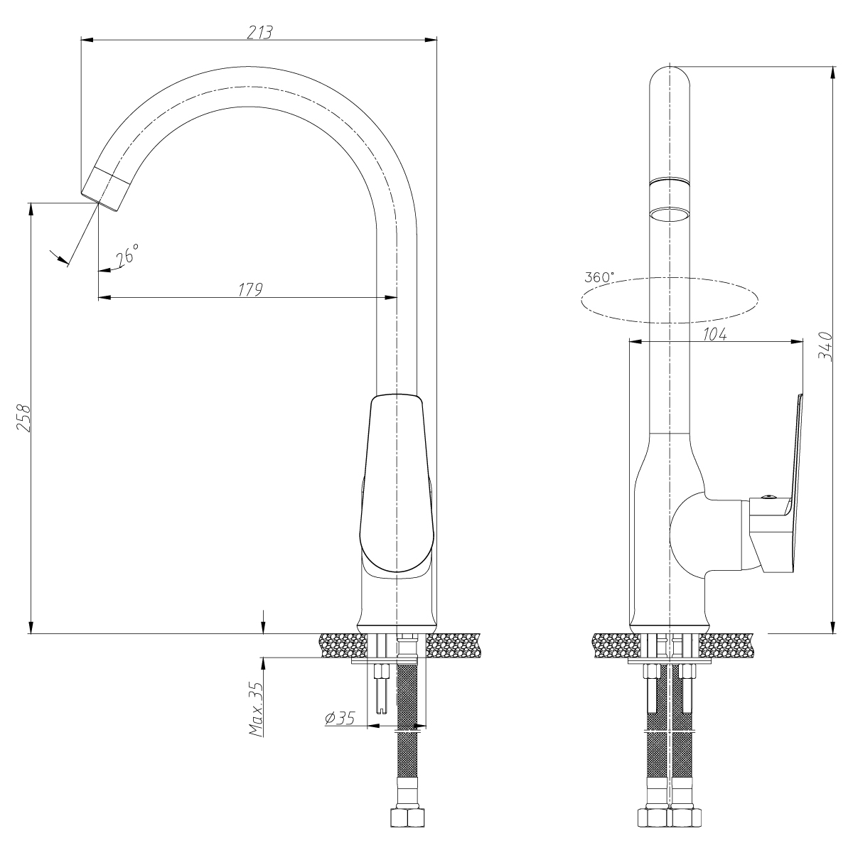 Смеситель для кухни  s35-24  высокий поворотн. излив (1/12) "rossinka"